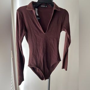 Collared V Neck Long Sleeve Ribbed Bodysuit